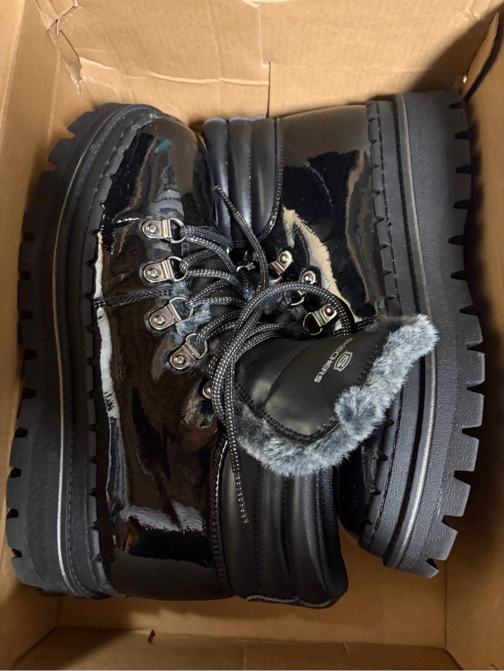 Skechers Black Patent Combat Boots with Faux Fur Collar